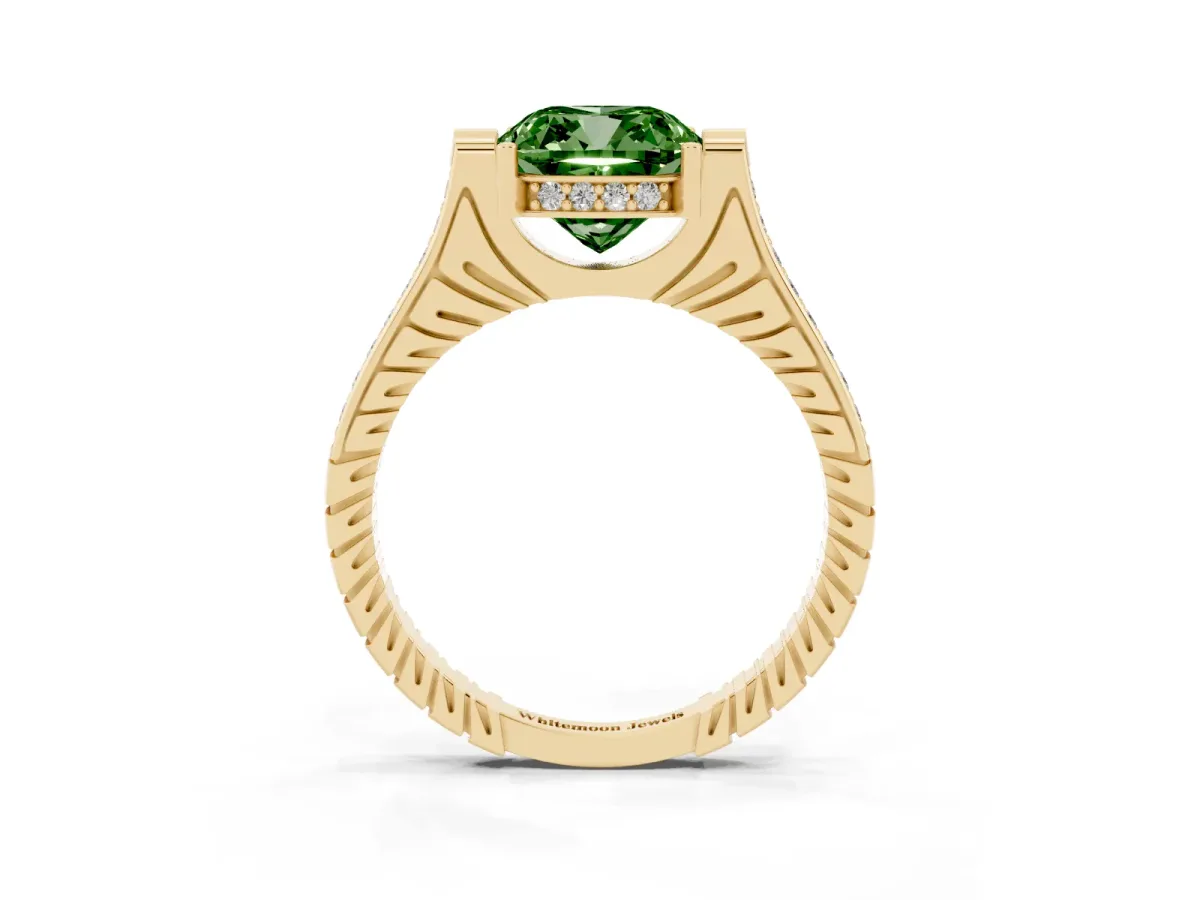 Fancy Green Cushion Cut Solitaire Diamond Ring with Channel Set Band and Bezel Prong Setting Yellow gold