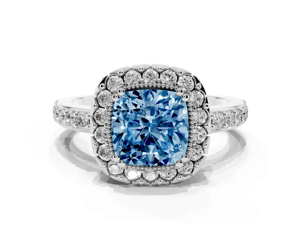 Fancy Blue Cushion Cut Diamond Halo Ring with Pavé Band and Prong Setting Platinum