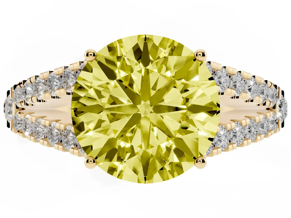 Fancy Yellow Round Cut Diamond Split Shank Pavé Engagement Ring with Four-Prong Setting Yellow gold