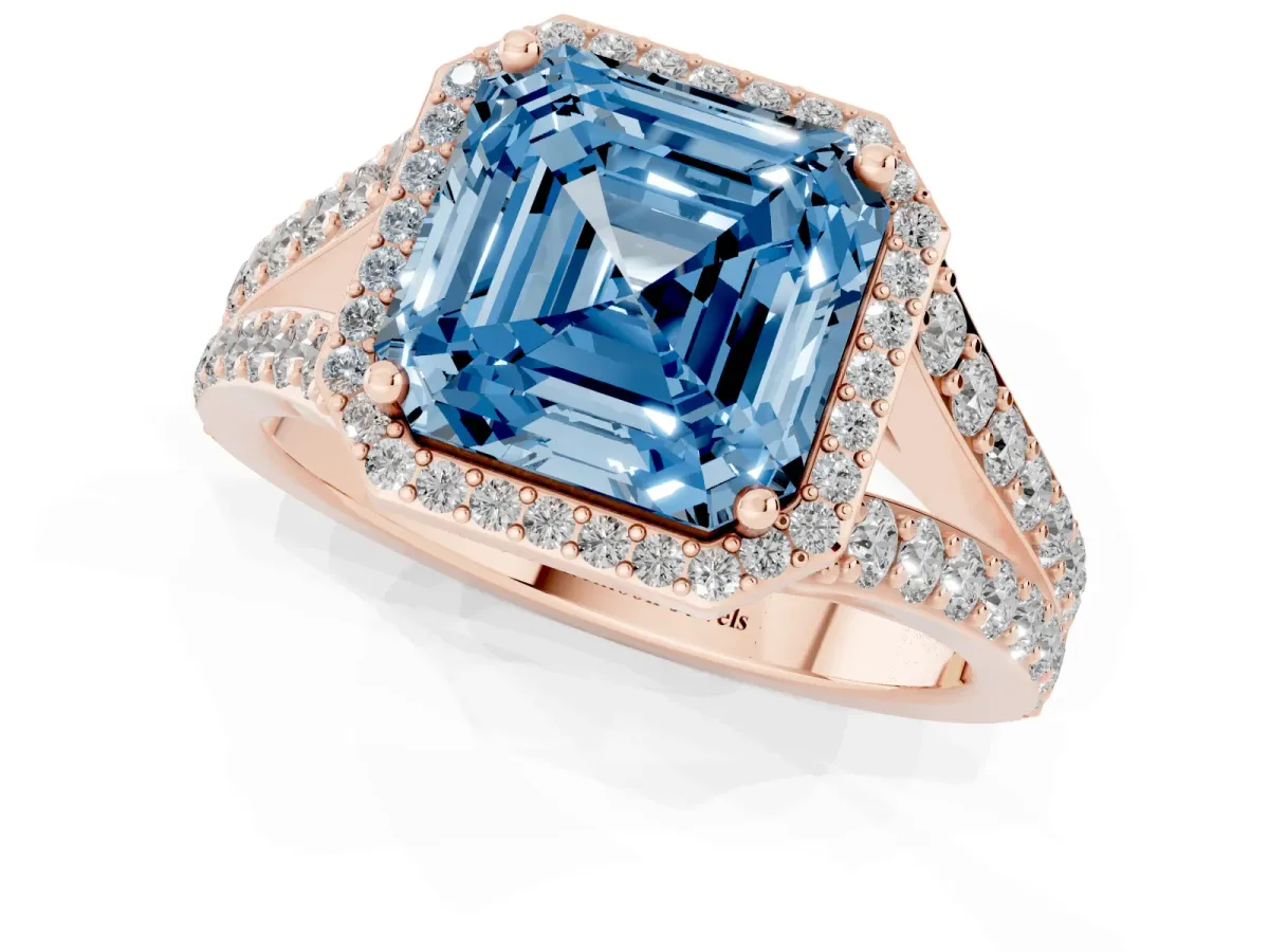 Fancy Blue Asscher Cut Diamond Split Shank Halo Ring with Four-Prong Setting Rose gold