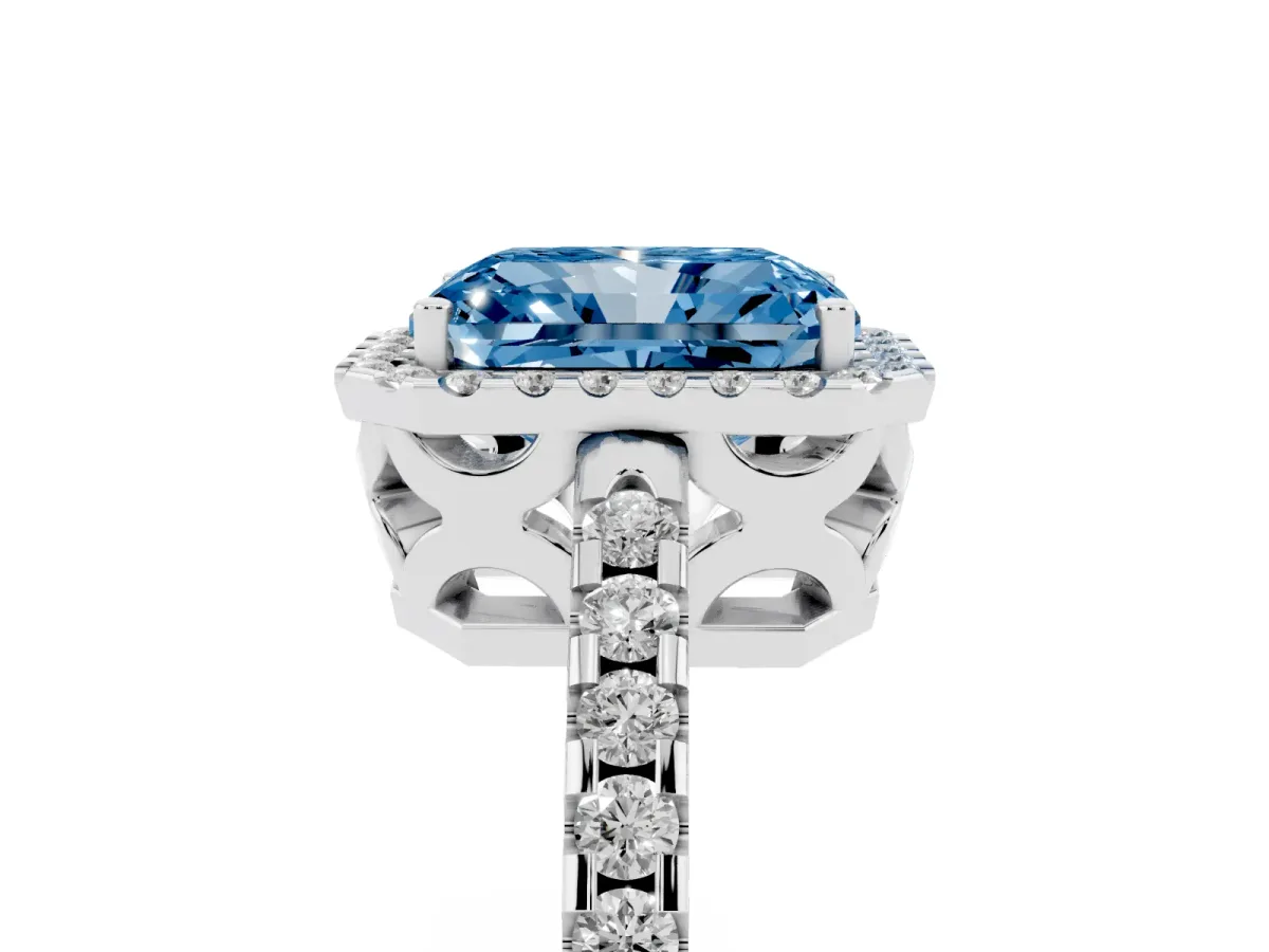Fancy Blue Radiant Cut Diamond Halo Engagement Ring with Pavé Band and Prong Setting Platinum
