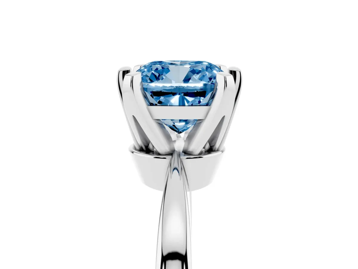Fancy Blue Cushion Cut Solitaire Engagement Ring with Six-Prong Setting and Tapered Band White gold