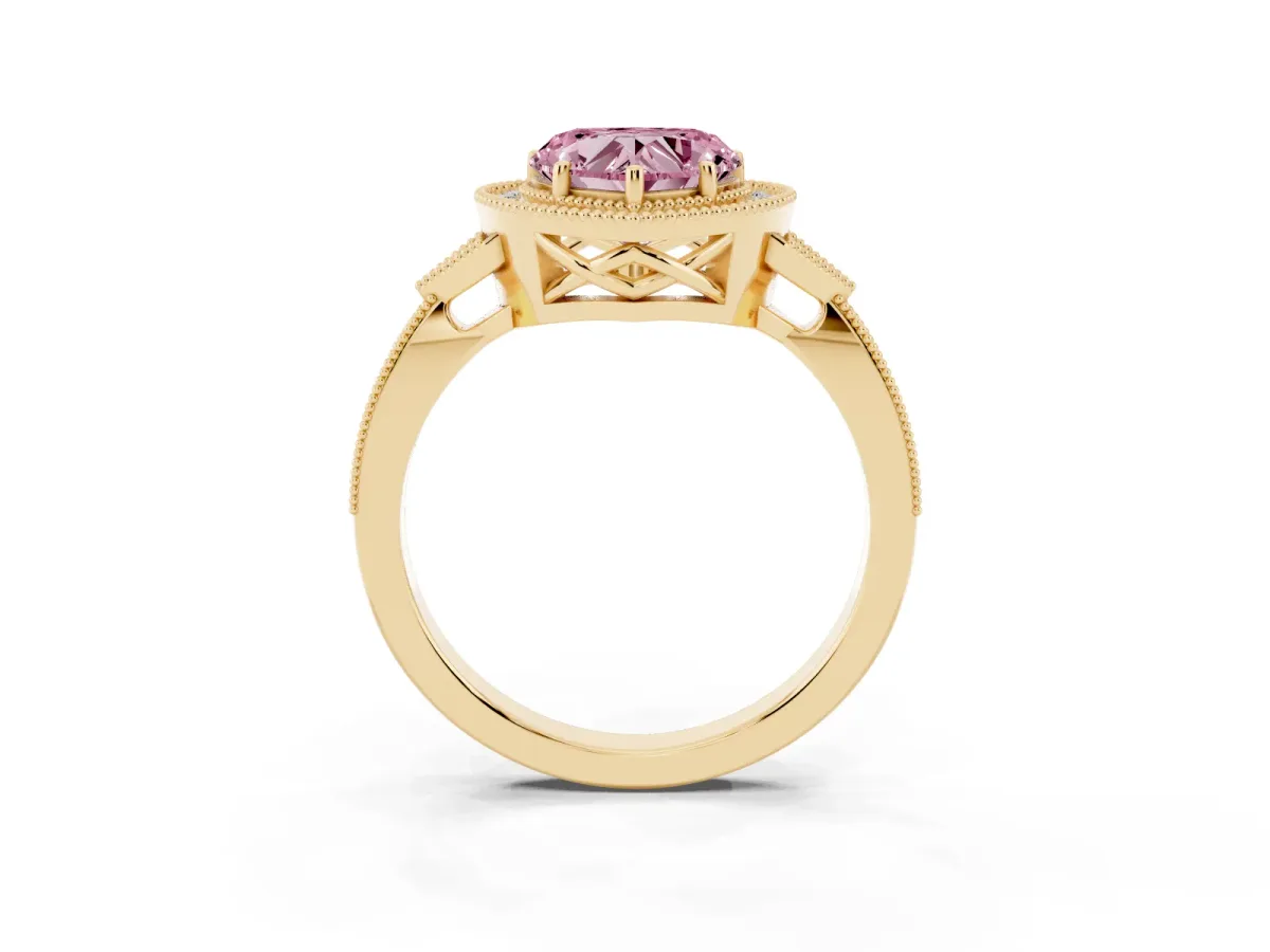 Fancy Pink Heart Cut Halo Round Diamond Milgrain Pave Engagement Ring Yellow gold