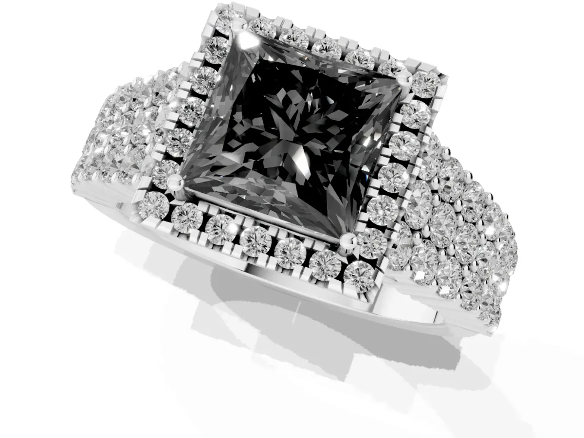 Fancy Black Princess Cut Diamond Halo Engagement Ring with Triple Row Round Pavé Band and Prong Setting Silver