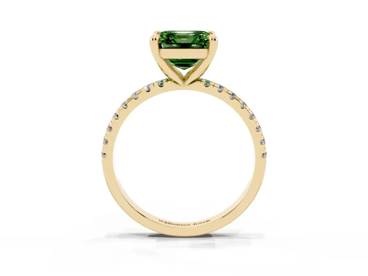 Fancy Green Asscher Cut Diamond Brilliant Solitaire Ring with Pavé Band and Four-Prong Setting Yellow gold