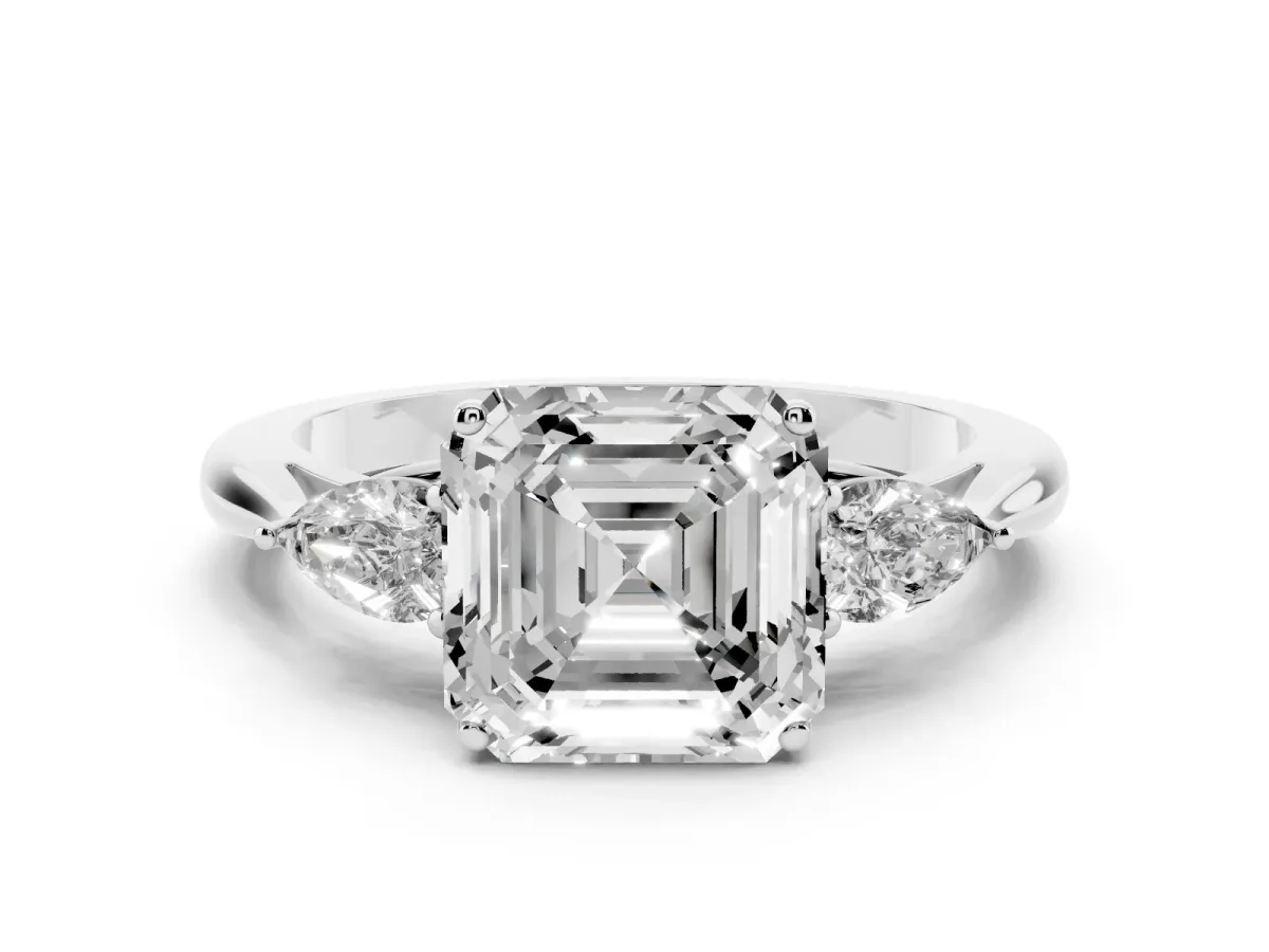 Three-Stone Asscher Cut Brilliant Diamond Solitaire Ring with Tapered Band and Four-Prong Setting Silver