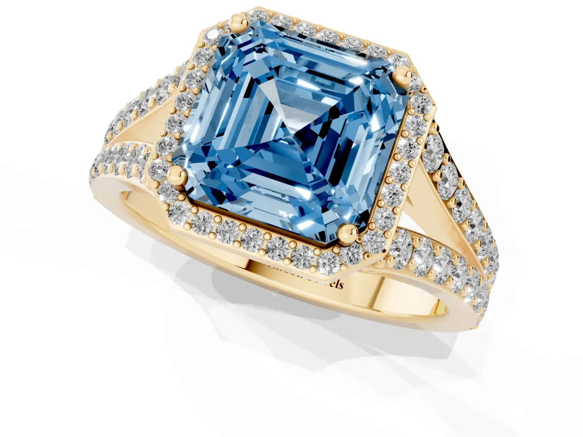 Fancy Blue Asscher Cut Diamond Split Shank Halo Ring with Four-Prong Setting Yellow gold