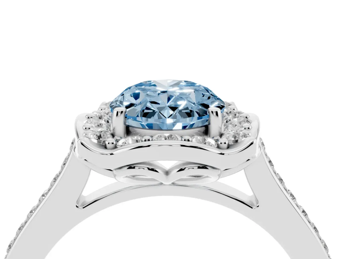 Fancy Blue Oval Cut Halo Round Diamond Pave Band with Four-Prong Setting Silver
