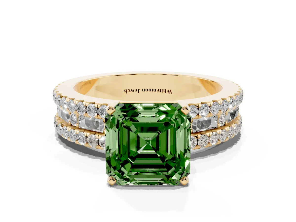Fancy Green Asscher Cut Diamond Solitaire Ring with Pavé and Channel Set Band Yellow gold