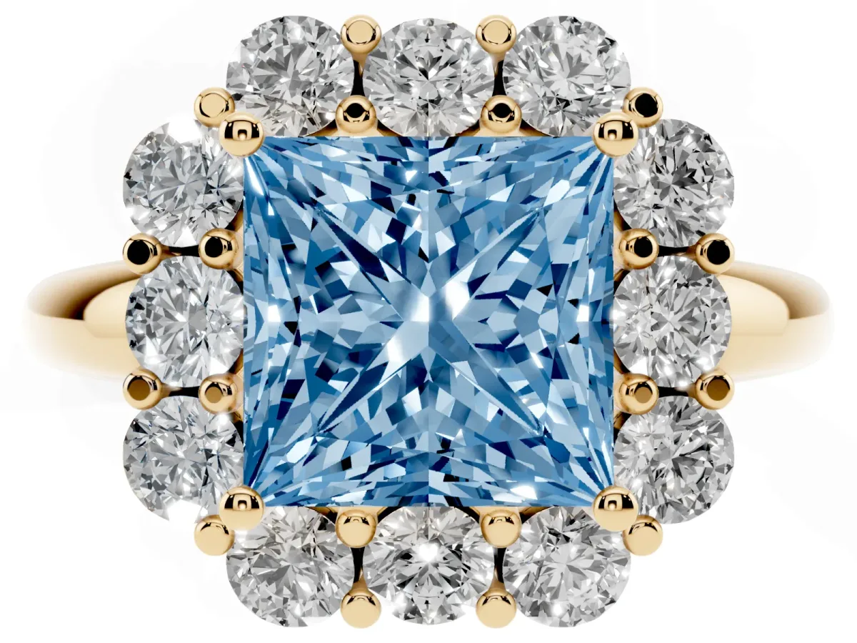 Fancy Blue Princess Cut Halo Milgrain Solitaire with Bezel Set Side Stones and Pave Band Yellow gold