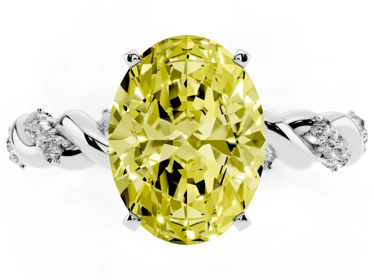 Fancy Yellow Oval Cut Diamond Solitaire Ring with Twisted Band and Pavé Accents White gold