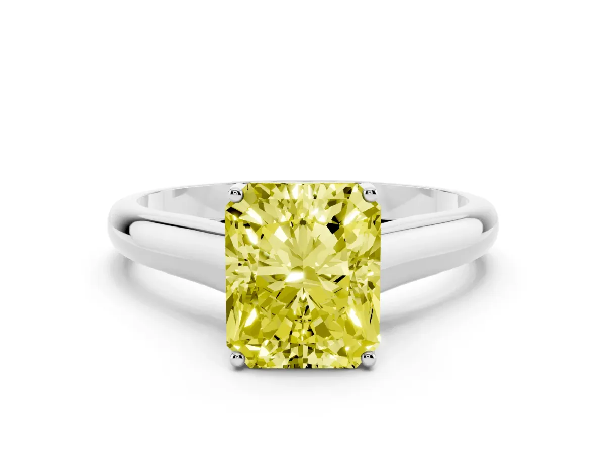 Fancy Yellow Radiant Cut Solitaire Engagement Ring with Tapered Band and Four-Prong Setting Silver