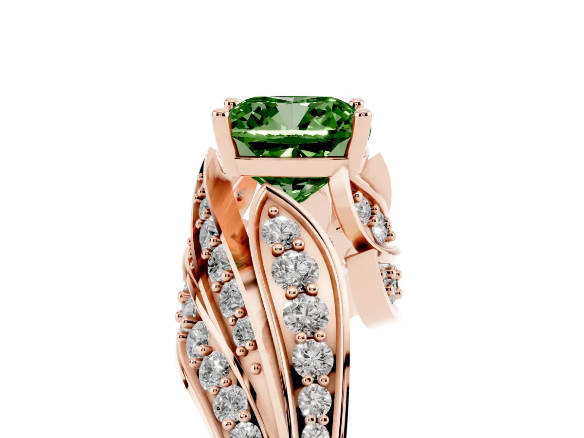 Fancy Green Cushion Cut Diamond Solitaire Ring with Prong Setting and Twisted Pavé Band Rose gold