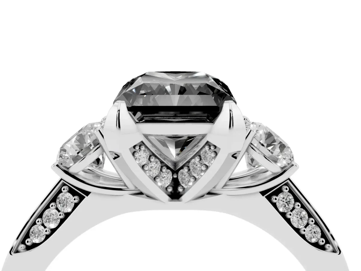 Fancy Black Radiant Cut Brilliant Three-Stone Diamond Ring with Pavé Band and Four-Prong Setting Platinum