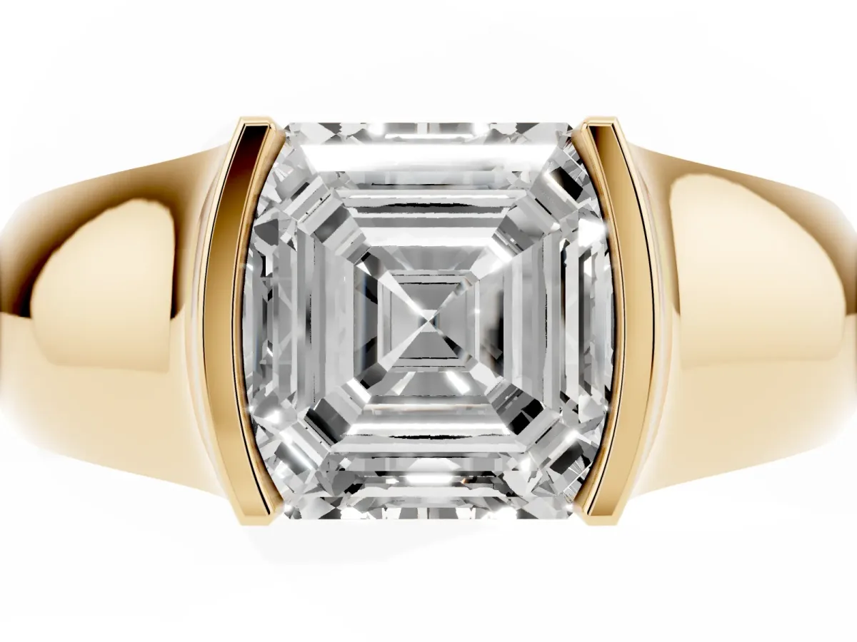 Asscher Cut Solitaire Bezel Set Diamond Ring with Wide Band Yellow gold