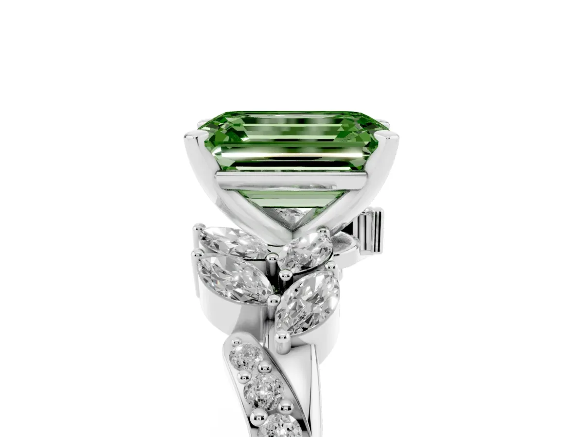 Fancy Green Emerald Cut Solitaire Marquise Twist Band with Six-Prong Setting Silver