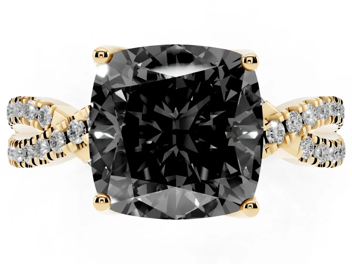 Fancy Black Cushion Cut Solitaire Twist Pave Diamond Engagement Ring with Prong Setting Yellow gold