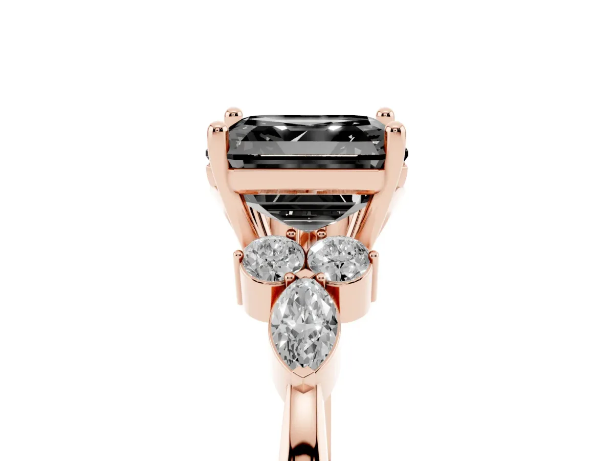 Fancy Black Asscher Cut Brilliant Diamond Solitaire Ring with Pear Side Stones and Four-Prong Setting Rose gold