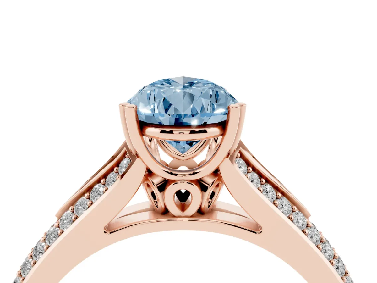 Fancy Blue Pear Cut Diamond Split Shank Engagement Ring with Pavé Band Rose gold