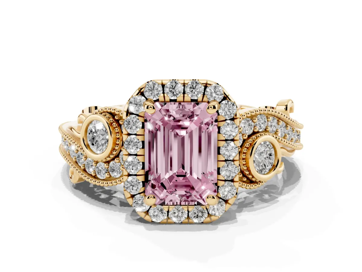 Fancy Pink Emerald Cut Diamond Halo Ring with Milgrain Pavé Band and Four-Prong Setting Yellow gold