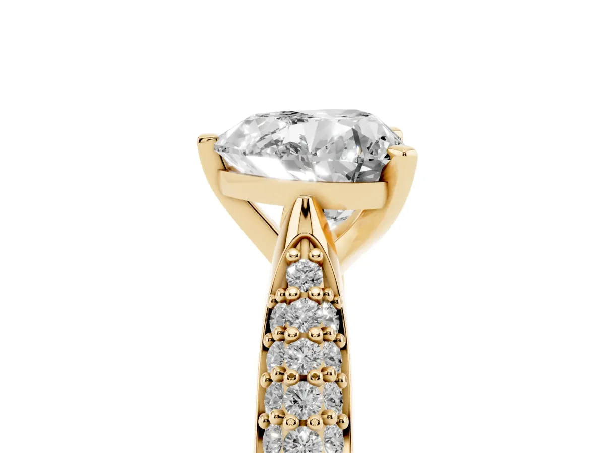 Heart Cut Diamond Solitaire Engagement Ring with Multi-Row Round Pavé Band and Prong Setting Yellow gold