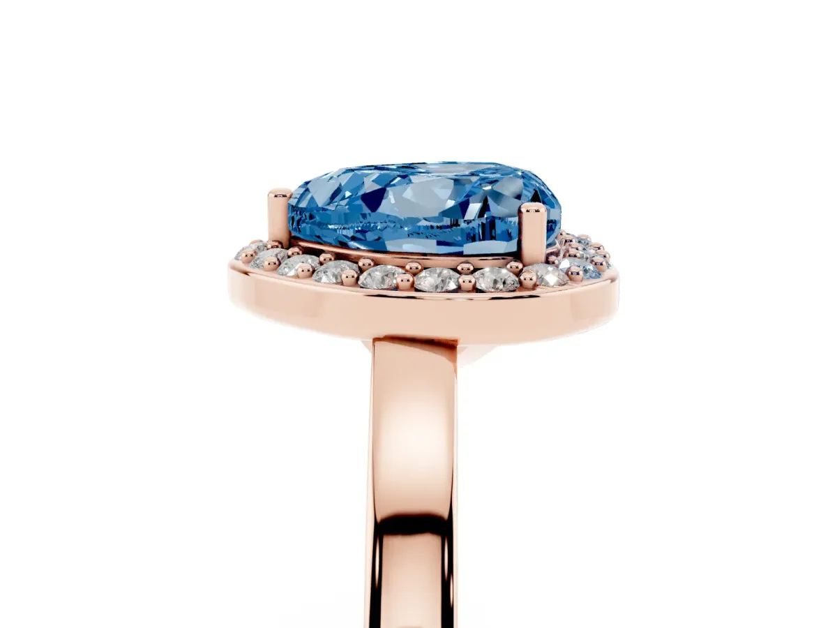 Fancy Blue Heart Cut Halo Diamond Ring with Solitaire Band and Prong Setting Rose gold