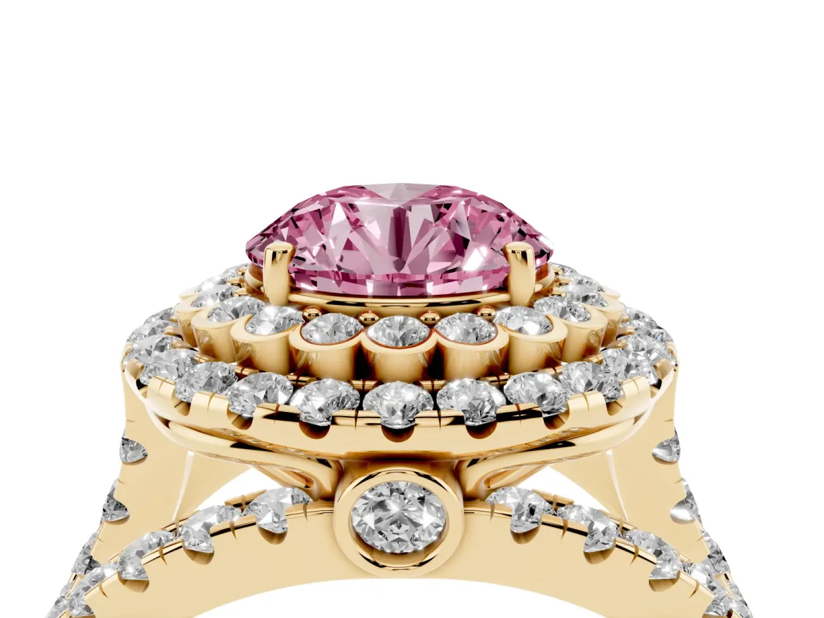 Fancy Pink Round Cut Diamond Double Halo Ring with Round Pavé Split Shank and Prong Setting Yellow gold
