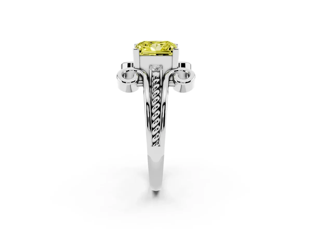 Fancy Yellow Princess Cut Solitaire Twisted Band Scroll Prong Ring Platinum