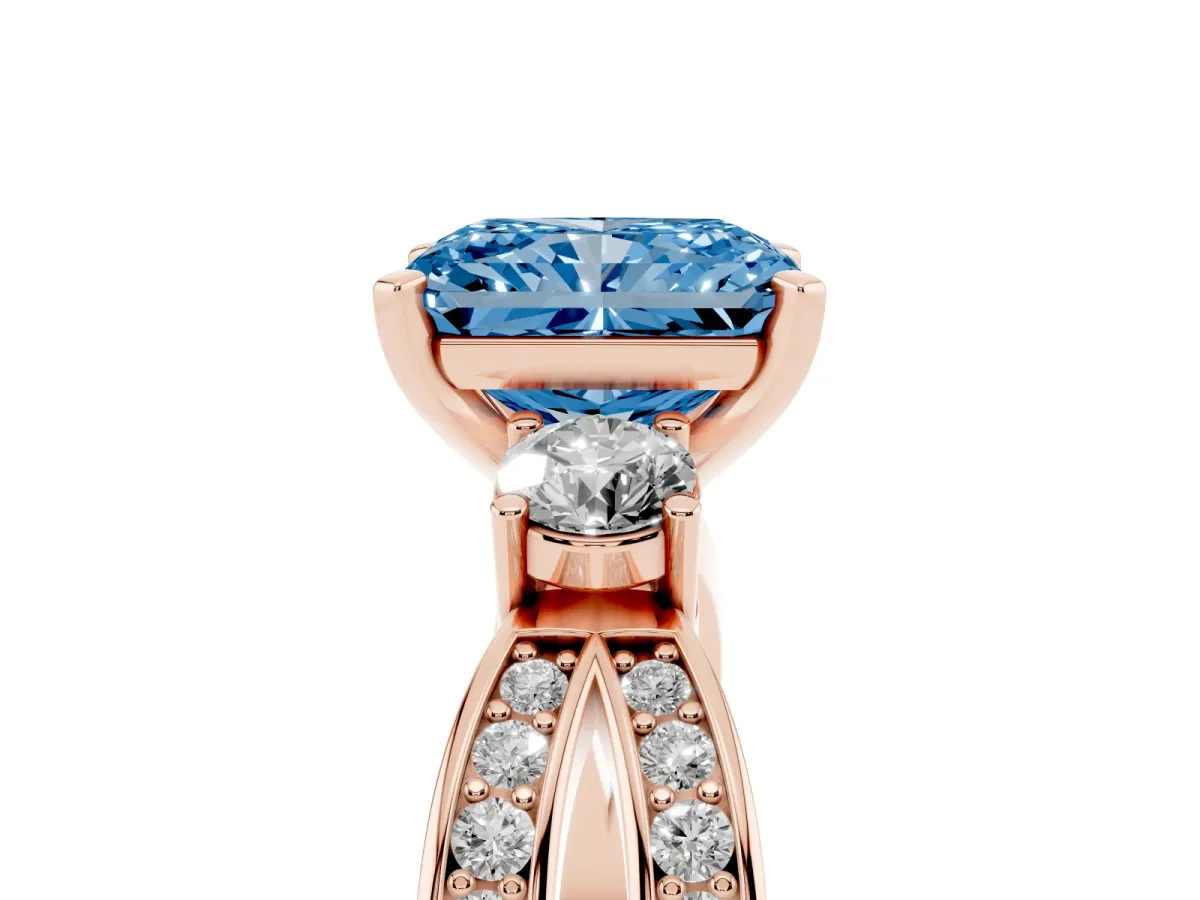 Fancy Blue Three-Stone Radiant Cut Cut Diamond Twist Band with Prong Setting Rose gold