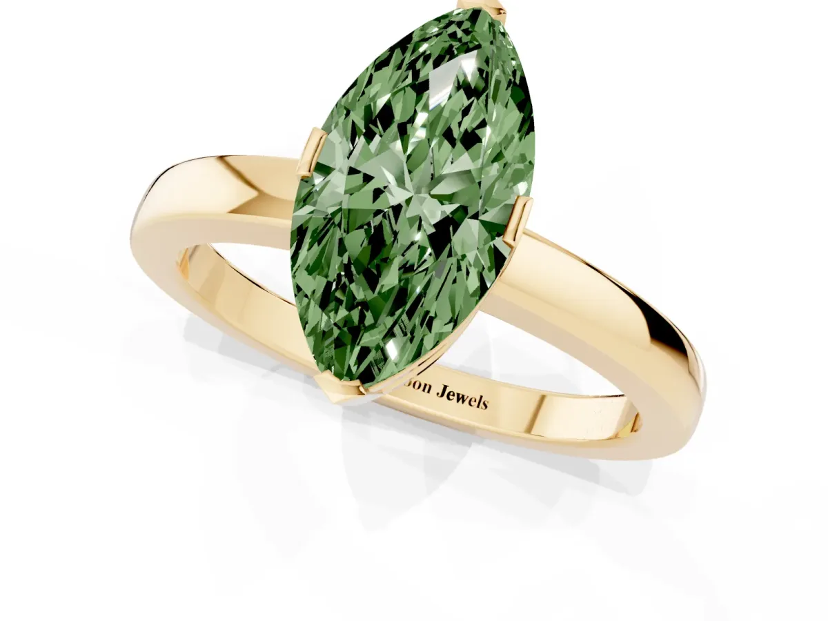 Fancy Green Marquise Cut Cut Solitaire Ring with Four-Prong Setting and Classic Band Yellow gold