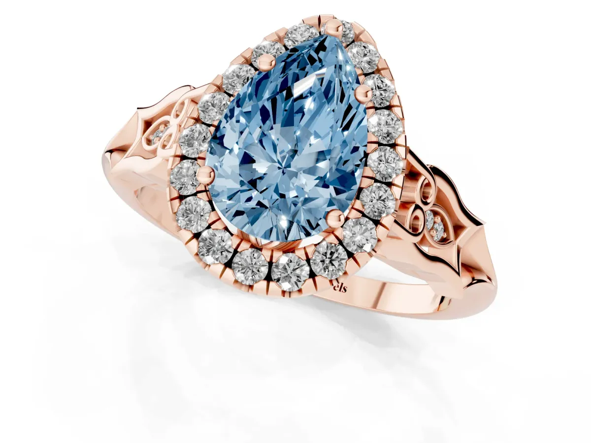 Fancy Blue Pear Cut Halo Diamond Engagement Ring with Filigree Band and Four-Prong Setting Rose gold