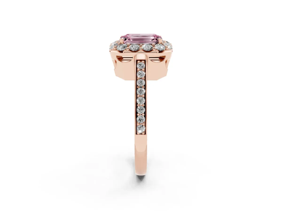 Fancy Pink Emerald Cut Diamond Floral Halo Ring with Pavé Band and Prong Setting Rose gold