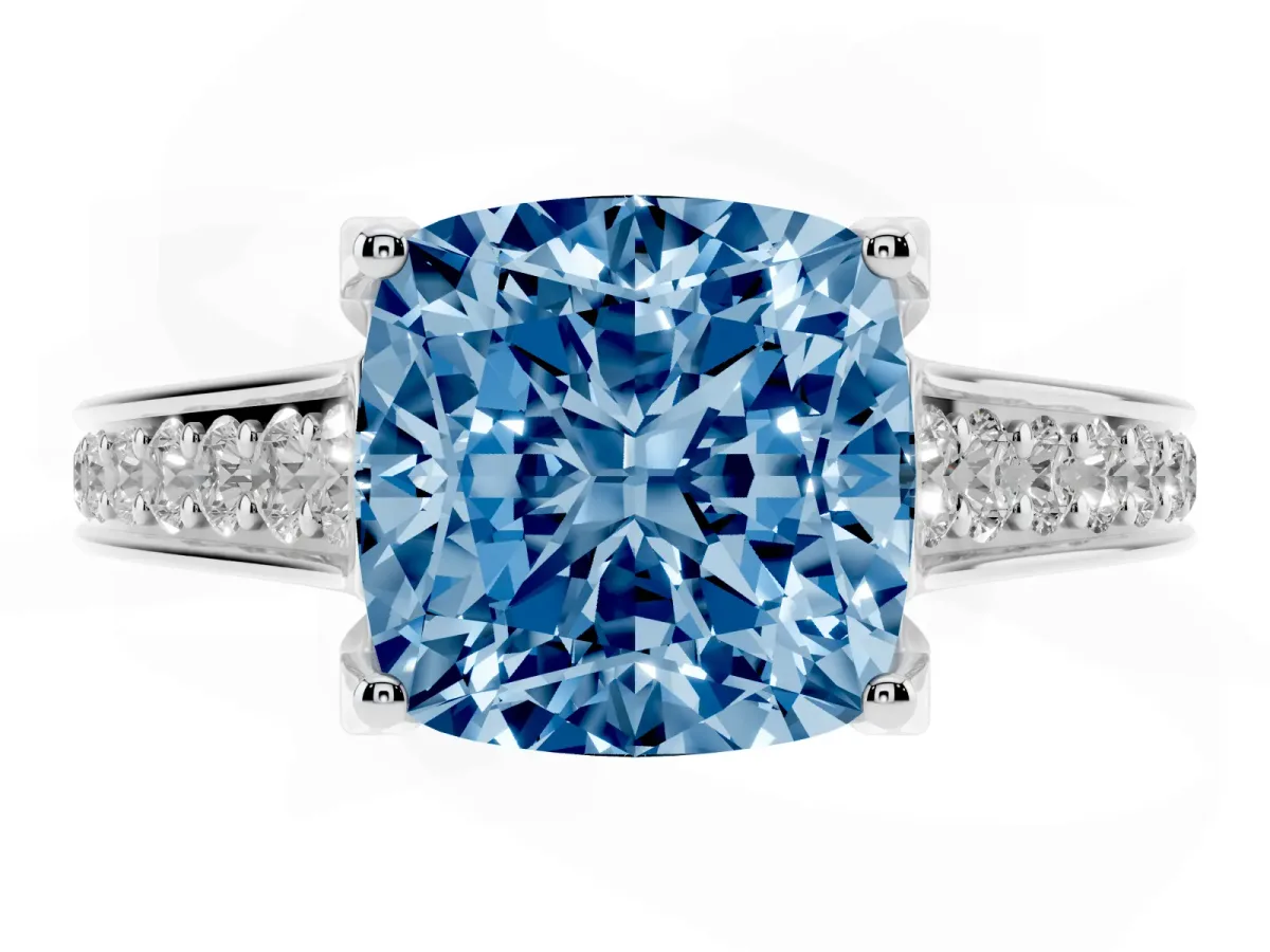 Fancy Blue Cushion Cut Brilliant Cut Diamond Engagement Ring with Pavé Band and Four-Prong Setting White gold