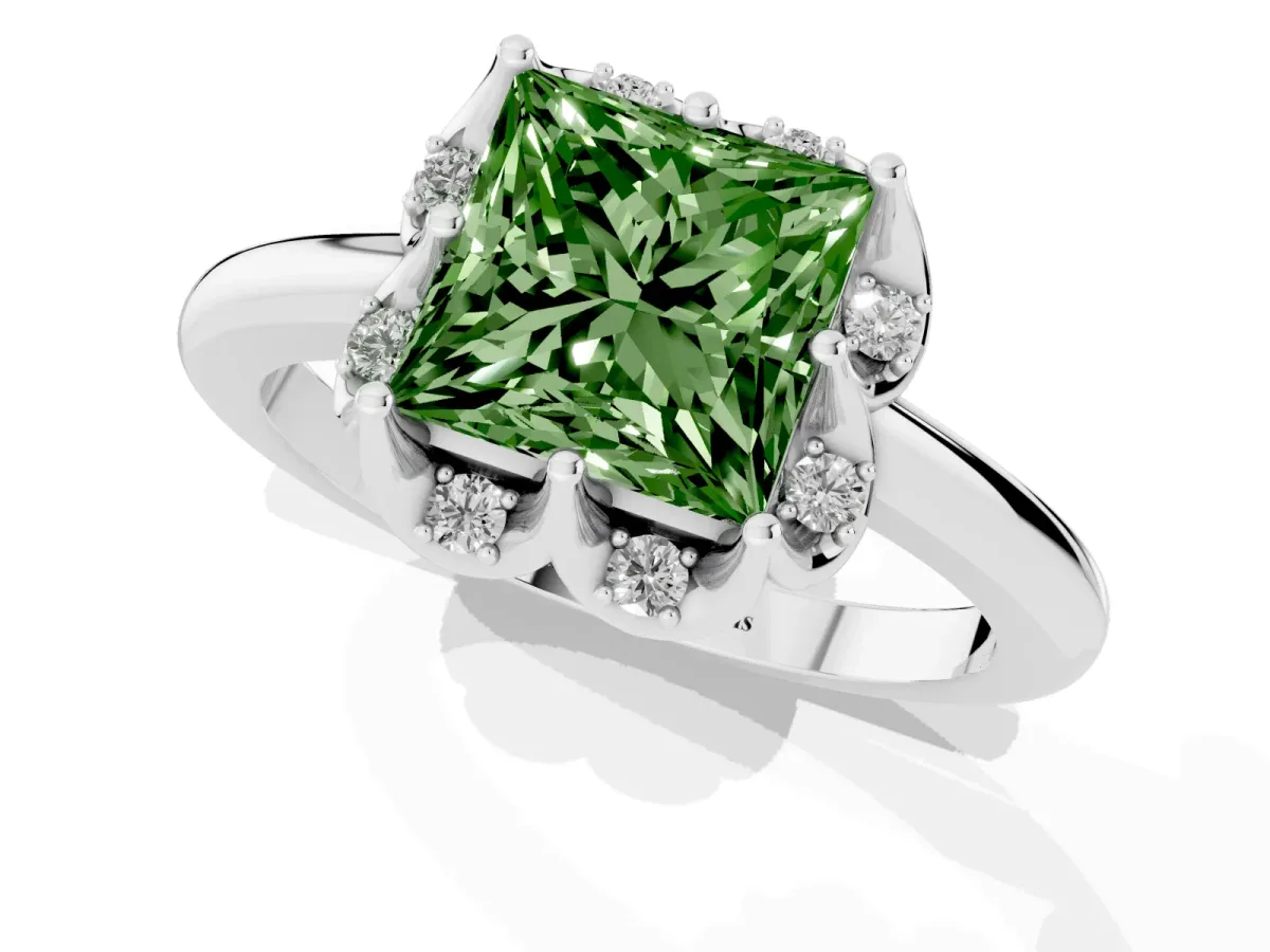 Fancy Green Princess Cut Halo Diamond Ring with Round Cluster Setting, Solitaire Band, and Four-Prong Setting White gold