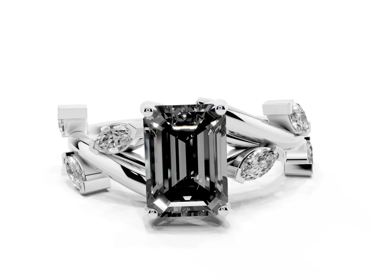 Fancy Black Emerald Cut Solitaire Twisted Band Marquise Accent Prong Setting Ring Platinum