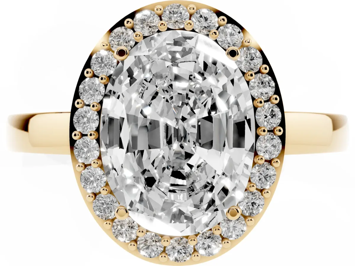 Oval Cut Halo Diamond Ring with Solitaire Band and Prong Setting Yellow gold