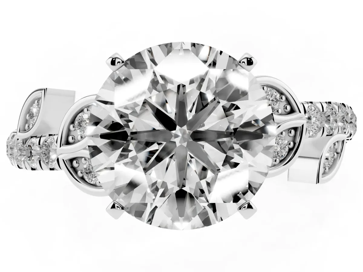Round Cut Solitaire Leaf-Inspired Diamond Ring with Pavé Band and Four-Prong Setting Silver