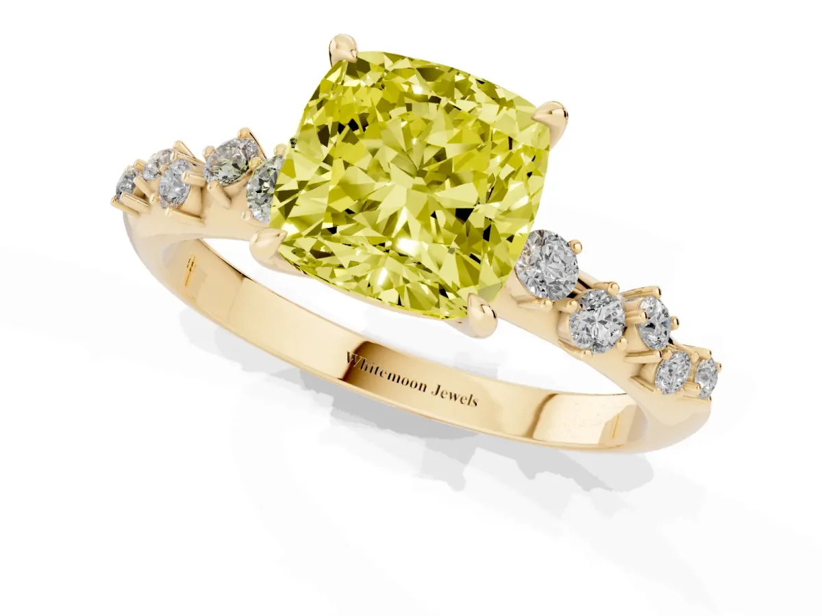Fancy Yellow Cushion Cut Diamond Cluster Side Stone Solitaire Ring with Prong Setting Yellow gold
