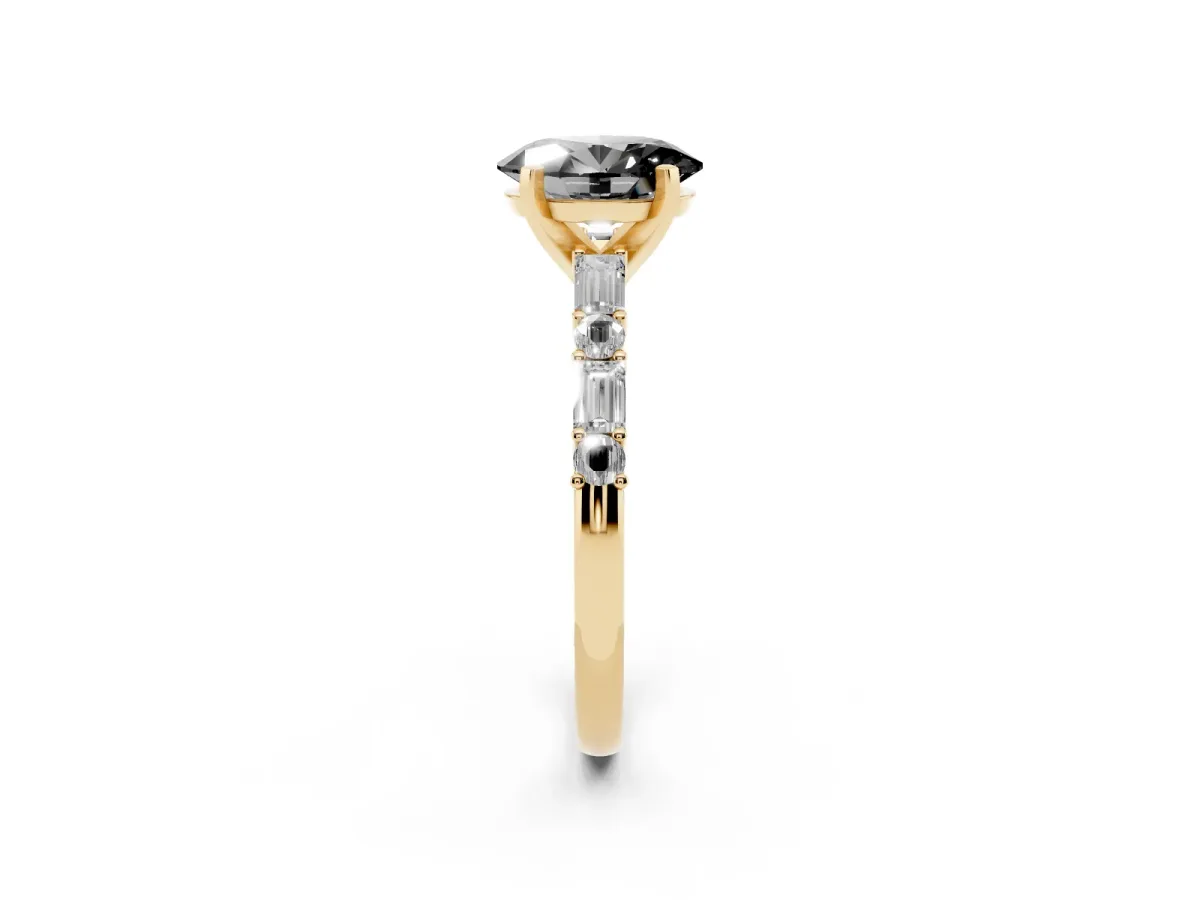 Fancy Black Oval Cut Diamond Solitaire with Side Baguettes and Channel Set Band Yellow gold