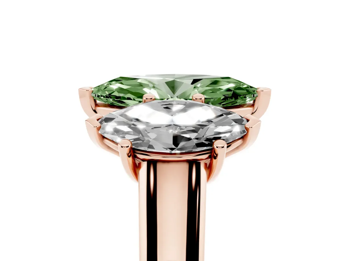 Fancy Green Marquise Cut Three-Stone Diamond Ring with Prong Setting on a Classic Band Rose gold