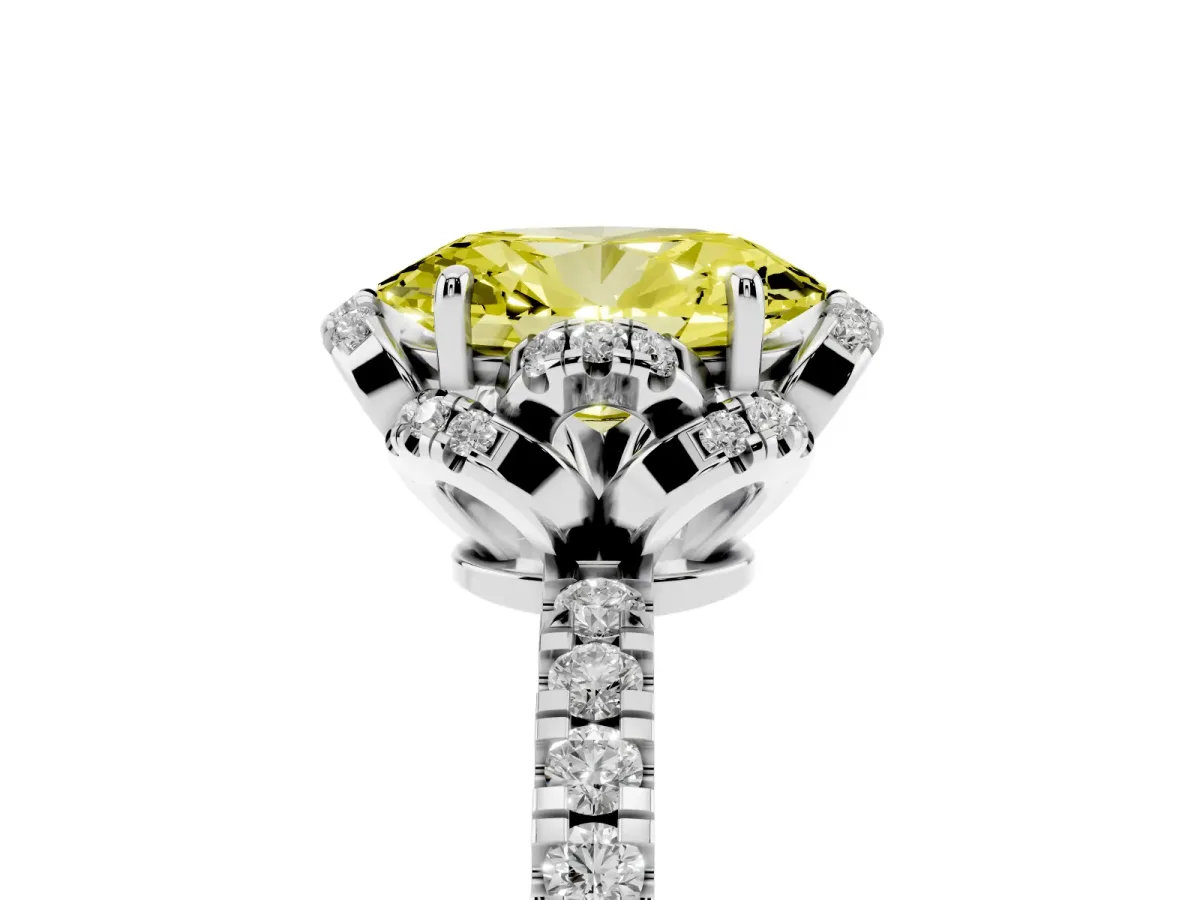 Fancy Yellow Oval Cut Diamond Halo Pave Band with Four-Prong Setting Silver
