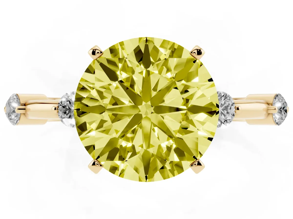 Fancy Yellow Round Cut Solitaire Diamond Ring with Bezel Set Side Stones and Prong Setting Yellow gold