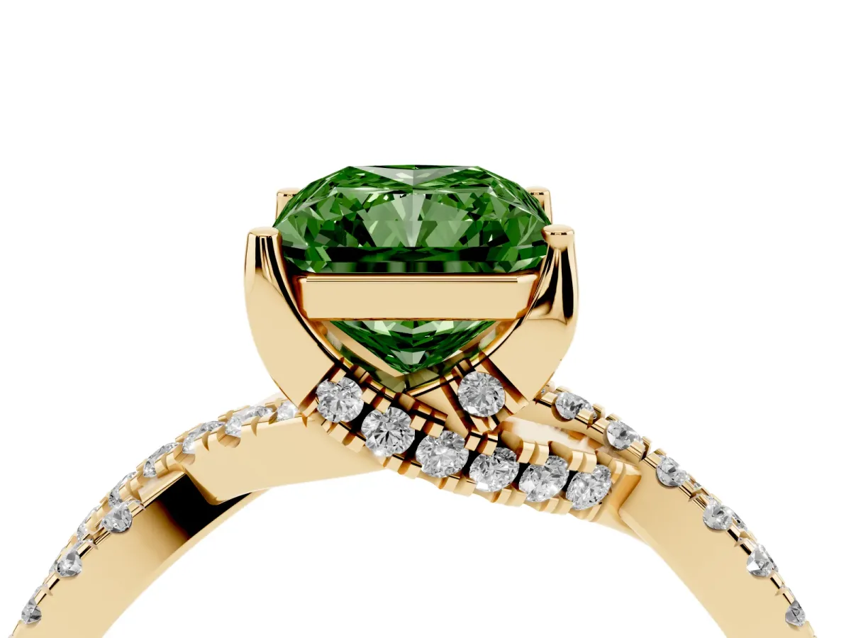 Fancy Green Radiant Cut Solitaire Twist Pave Diamond Engagement Ring with Prong Setting Yellow gold