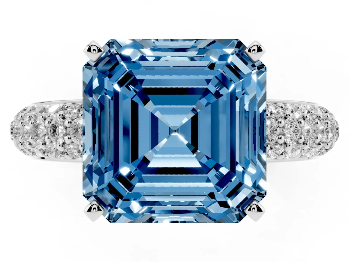 Fancy Blue Asscher Cut Diamond Solitaire Ring with Prong Setting and Pavé Band Platinum