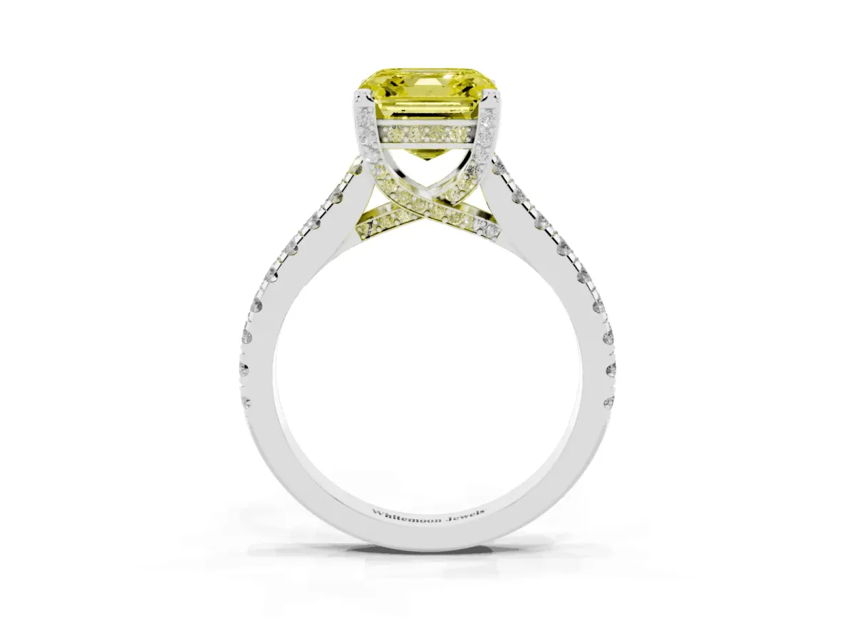 Fancy Yellow Asscher Cut Brilliant Diamond Solitaire with Pavé Band and Four-Prong Setting Silver