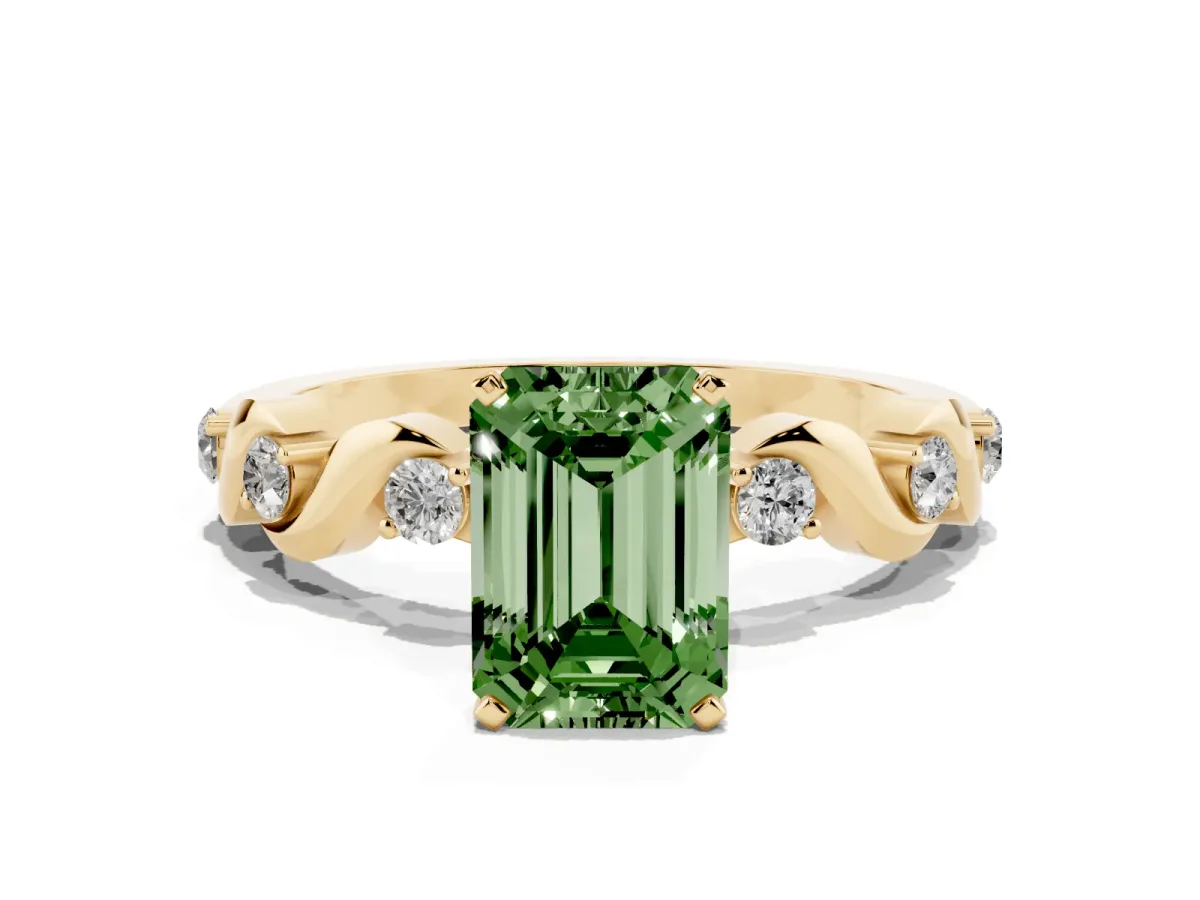 Fancy Green Emerald Cut Diamond Solitaire Twisted Band with Round Accents and Prong Setting Yellow gold