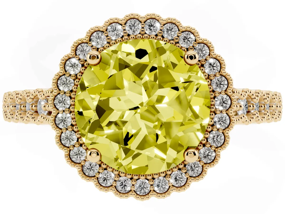 Fancy Yellow Round Cut Cut Halo Pavé Solitaire Ring with Milgrain Band Yellow gold