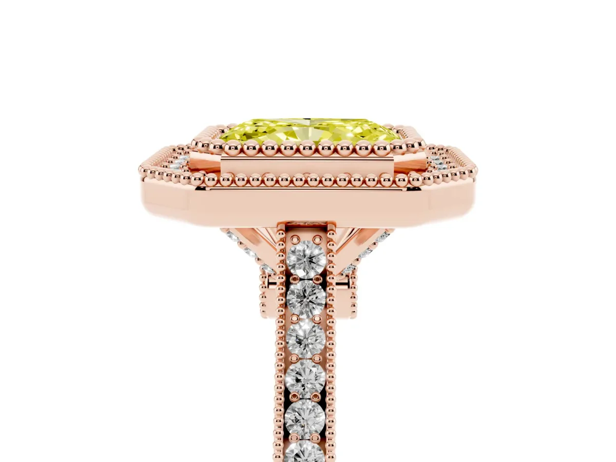 Fancy Yellow Radiant Cut Diamond Halo Ring with Milgrain Frame and Pavé Band Rose gold