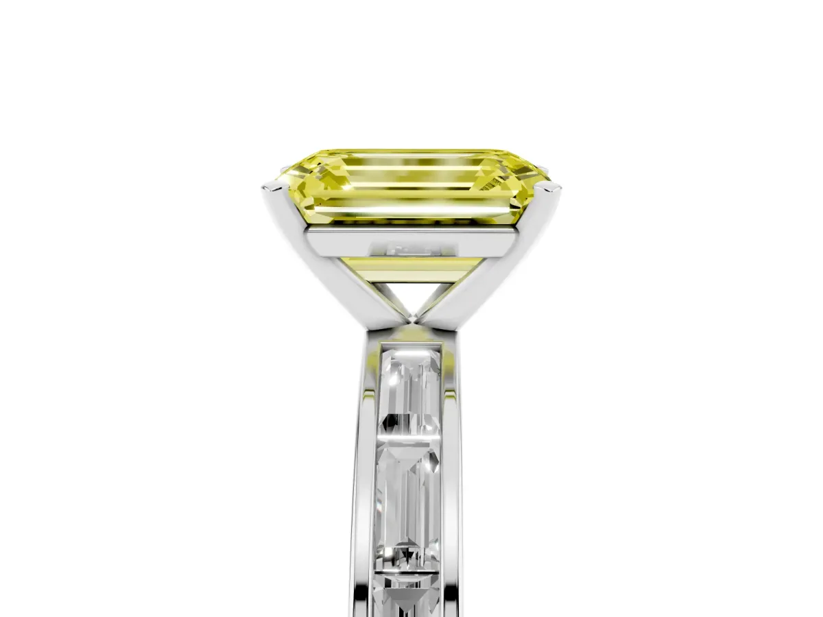 Fancy Yellow Emerald Cut Solitaire Diamond Ring with Channel-Set Baguette Band and Four-Prong Setting White gold