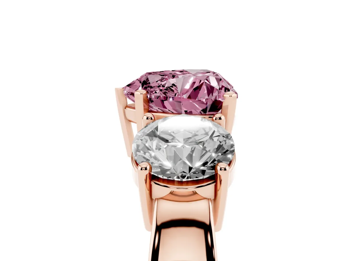 Fancy Pink Three-Stone Heart Cut Diamond Ring with Round Side Stones, Classic Band, and Four-Prong Setting Rose gold